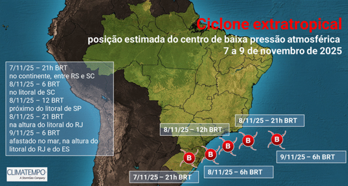 Ciclone extratropical pode trazer tempo severo ao ES entre sábado e domingo